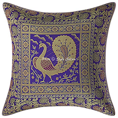 Image of Decorative Brocade Cushion Covers 16x16 Inch Banarasi Jacquard Weave Purple & Gold Living Room Decor Peacock Traditional Square 40x40 cm Zippered Sofa Settee Pillowcases -Set of 5 Pcs