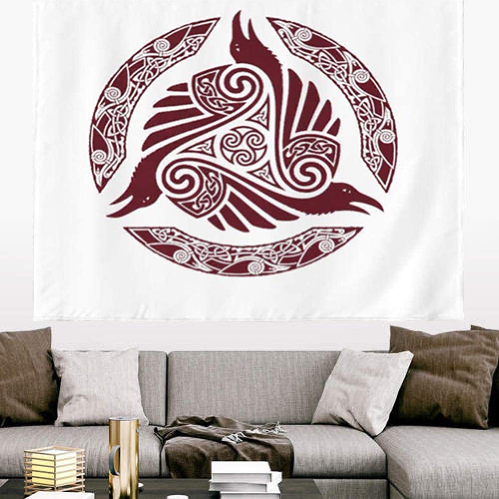 Tapisserie Murale Noir Ethnique Corbeau Totem - Tentures Tribal Spirale Oiseau Mythologie 150x200 Cm Blanc Pour Décoration Nordique