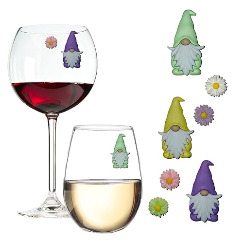 Gnome and Flower Wine Glass Charms - Pastel Drink Markers - Cute set of 7 Charms Perfect for Champagne, Wine and Stemless Glasses