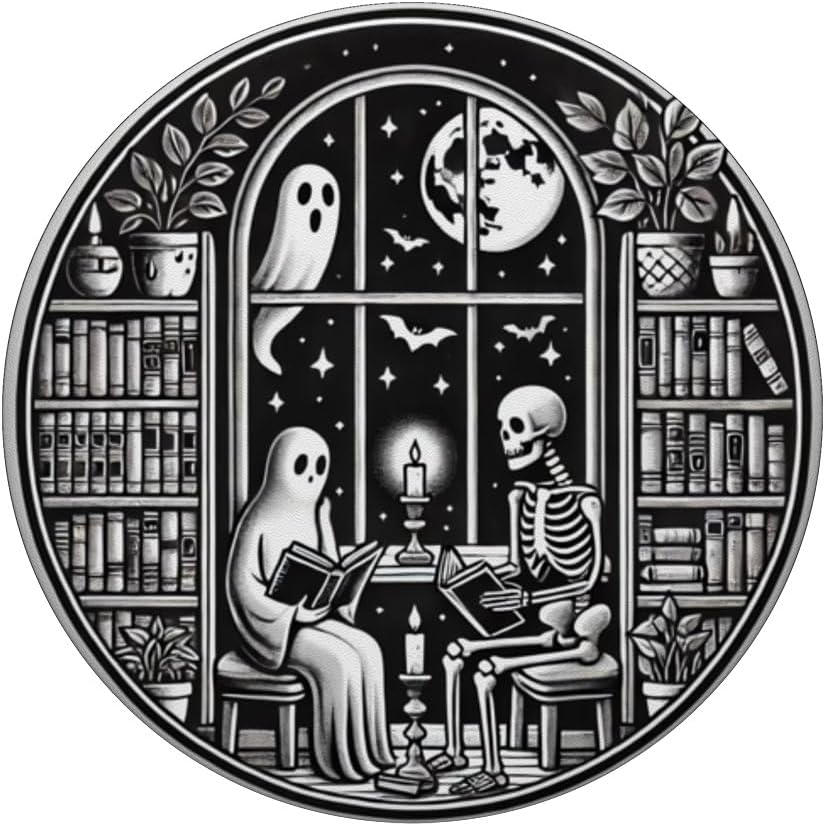 Retro Spooky Bookish Halloween Skeleton Ghost Bookworm Gifts PopSockets Adhesive PopGrip - Image 3