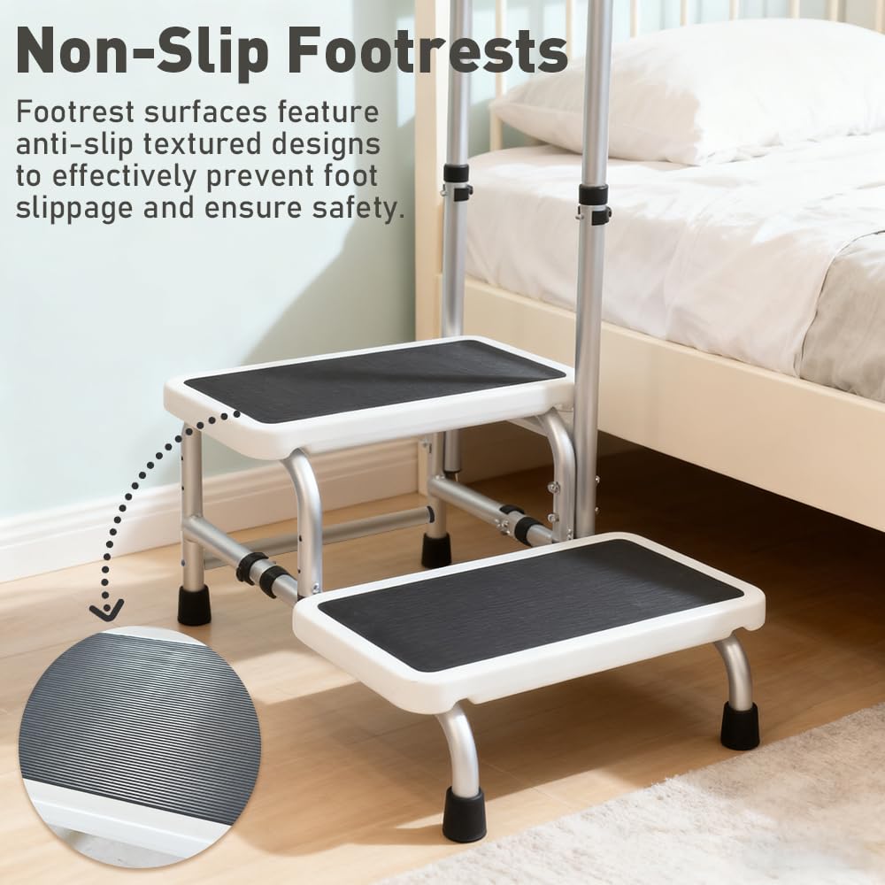 2-stufiger Hocker mit 5-fach höhenverstellbarem Handlauf für ältere Erwachsene – Aluminiumrahmen Tritthocker mit weichen Schaumstoffgriffen, rutschfeste Doppelstufen – Bett, Badewanne, Küche