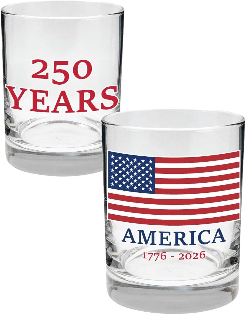 RFSJ INC. 250 Years of America Rocks Glasses Set of Two - Patriotic 1776-2026 American Flag Anniversary Design - Heavyweight Collector’s Edition Glass Drinkware - 14oz