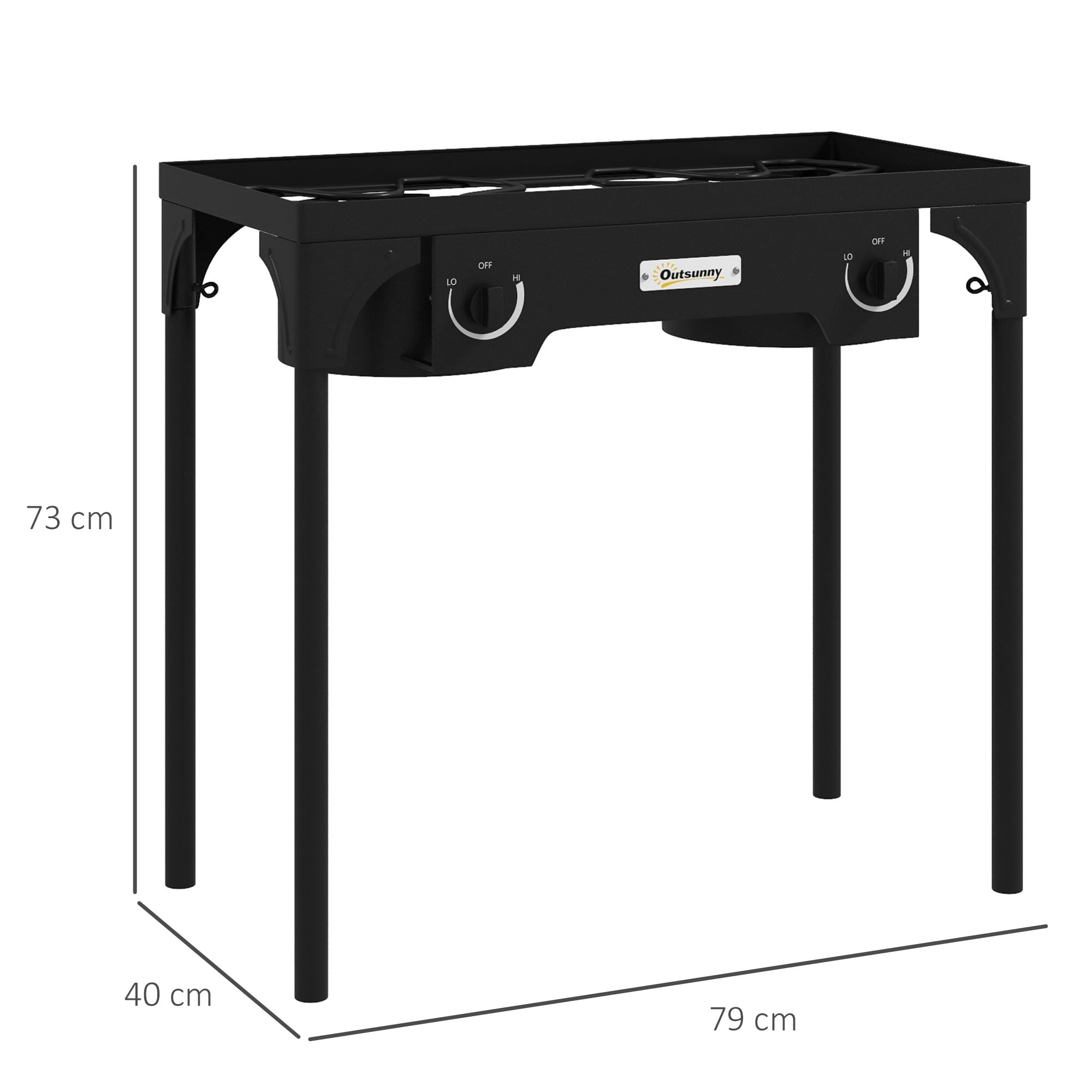 Outsunny stufa a gas portatile a 2 fuochi 150.000 BTU/h con 2 piedini rimovibili per uso esterno, campeggio, in metallo fuso, dim. 79L x 40L x 73H cm