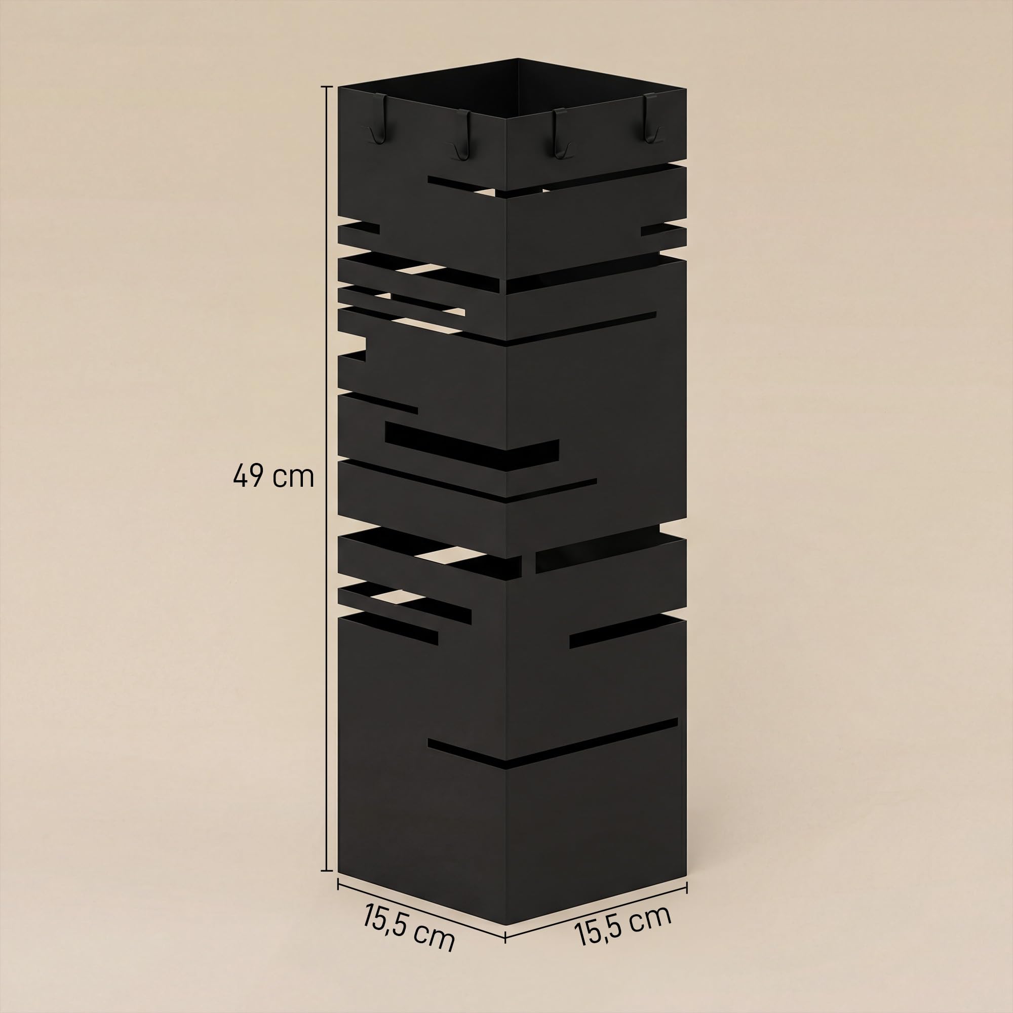 HOMCOM Paragüero Metálico, Soporte de Paraguas con 4 Ganchos y Bandeja de Goteo Extraíble, Paragüero Negro para Entrada, Oficina, 15,5x15,5x49 cm