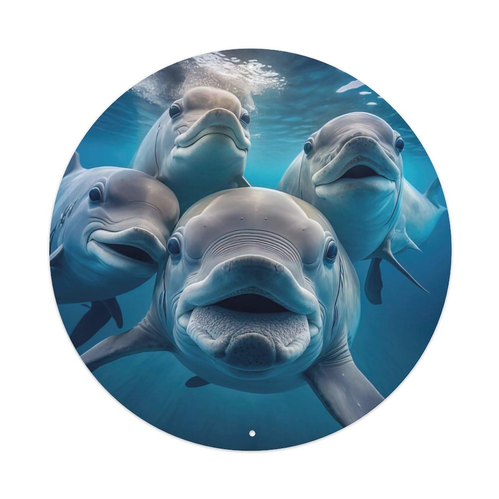 Gentle Dolphin Family Selfie Animal Vintage Metal Tin Sign Plaque Wall Decor for Cafe, Club, Garden Round Metal Poster 8x8Inch