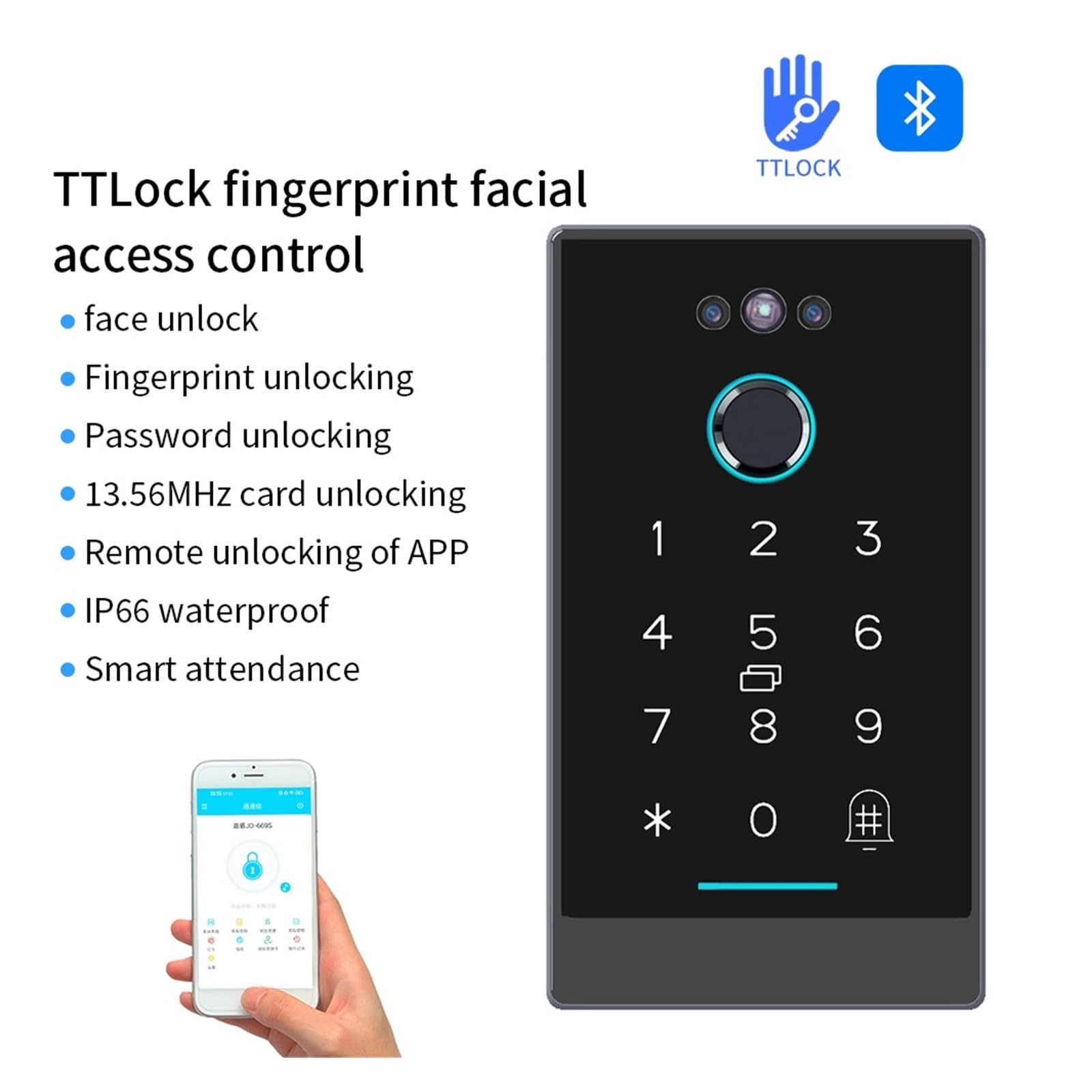 Fingerabdruck-Zeiterfassungsgerät, Passwort, RFID-Karte, mehrere Mobiltelefon-Apps, biometrische Daten,Passform nach europäischem Standard(H3D-TTLOCK)