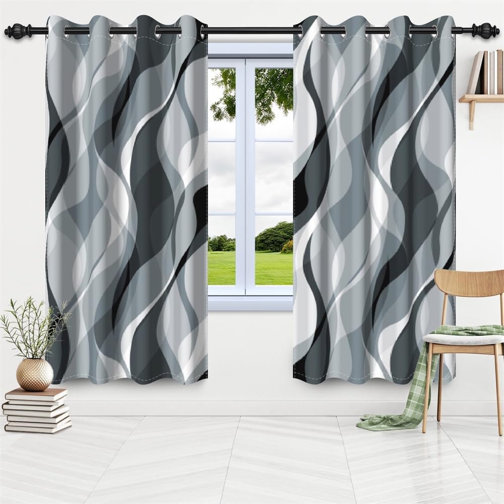 Blue Grey Wave Lines Window Curtains Abstract Art Aesthetic Gradient Blackout Curtains Geometric Thermal Insulated Room Darkening Window Drape Treatments Kitchen Curtains,26x36 inch,2 Panels
