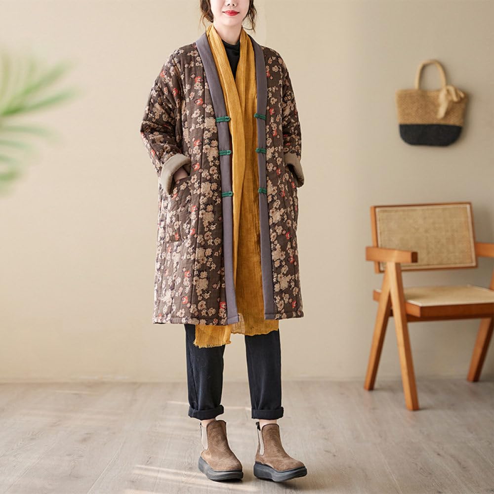 Damen Wintermäntel,Gesteppt,Lange,Lockere Kimono Jacke,Vintage Trenchcoat Mit Braunem V Ausschnitt,Schnalle,Pflaumenblüten Druck,Lässig,Warm,Baumwoll Leinen,Übergangs Outwear Mit Taschen