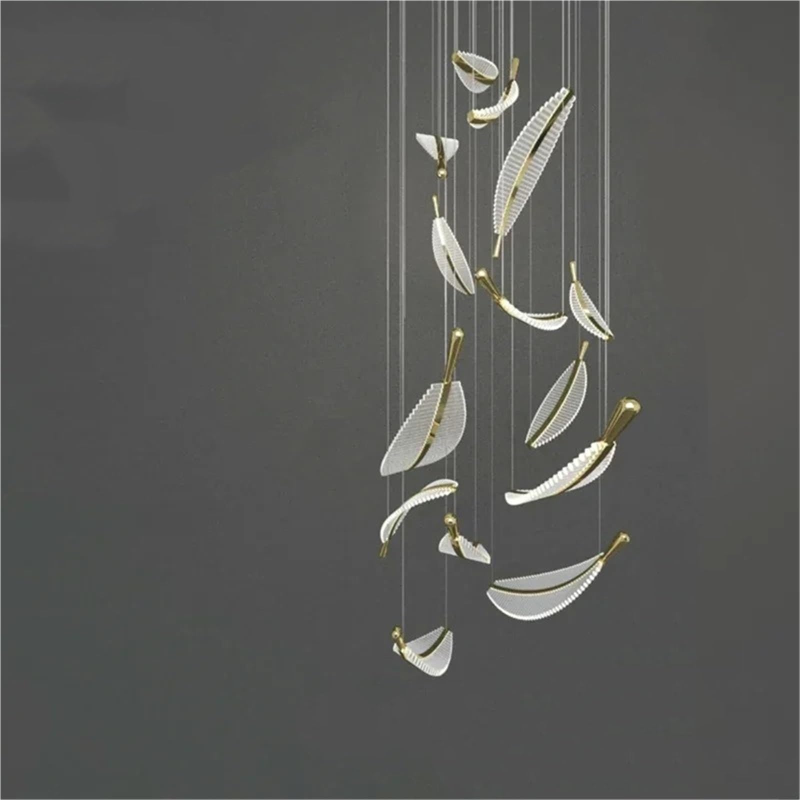 PCXEHUYP Long Modern Led Chandelier for Staircase Luxury Feather Design Hang Crystal Light Fixture Large Decor Hall Gold Lamps