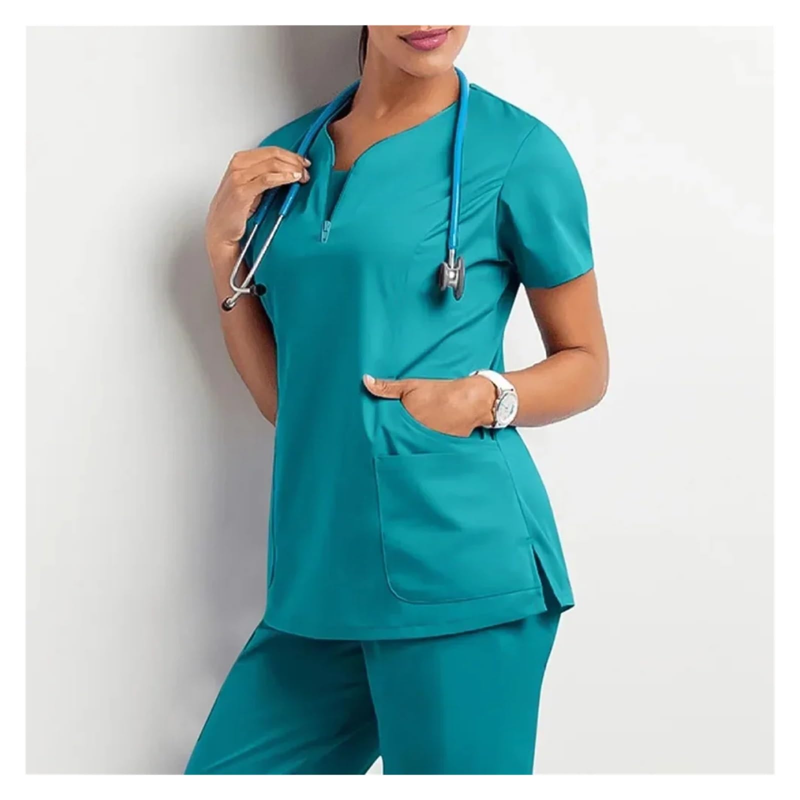Divisa da Infermiera Accessori Ospedale Salone di Bellezza Medico Infermiere Vestiti Casual Manica Corta Infermiere Farmacia Top e Tute da Lavoro per Lavoro(Blue,XL-70-80KG)