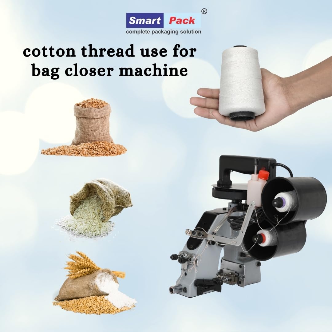 SMART PACK Cotton Thread Roll for Packaging of Bag Closer Machine's Material | White Sewing, Embroidery | Sealing (BOPP/HDPE/Jute) Bags | 10 Roll 1000 Meter 1