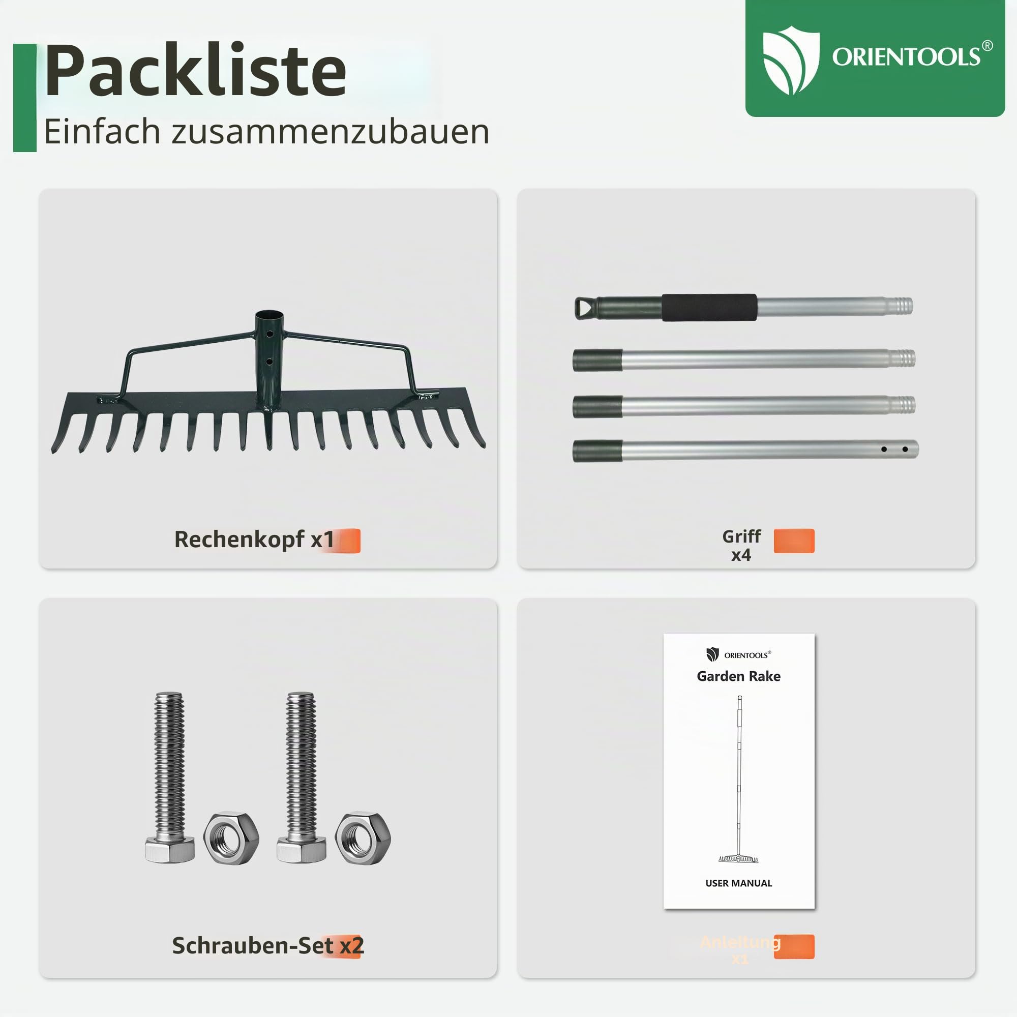 ORIENTOOLS Gartenrechen, schwere Ausführung, 44 cm Breite, 160 cm Stiellänge, 1,7 kg für Boden lockern, Laub rechen, Verlegen von Rollrasen, Rasenpflege, Grün