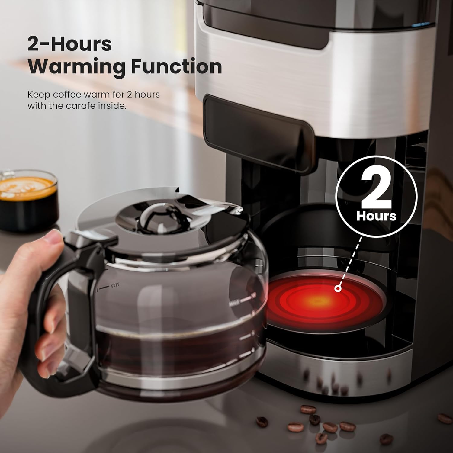 10-Cup Drip Coffee Maker with Built-in Grinder, Programmable Grind & Brew, 220g Bean Hopper, Adjustable Grind Size & Coffee Strength, Descaling Alert, 24H Timer, 2H Keep Warm, LED Touchscreen — view 5