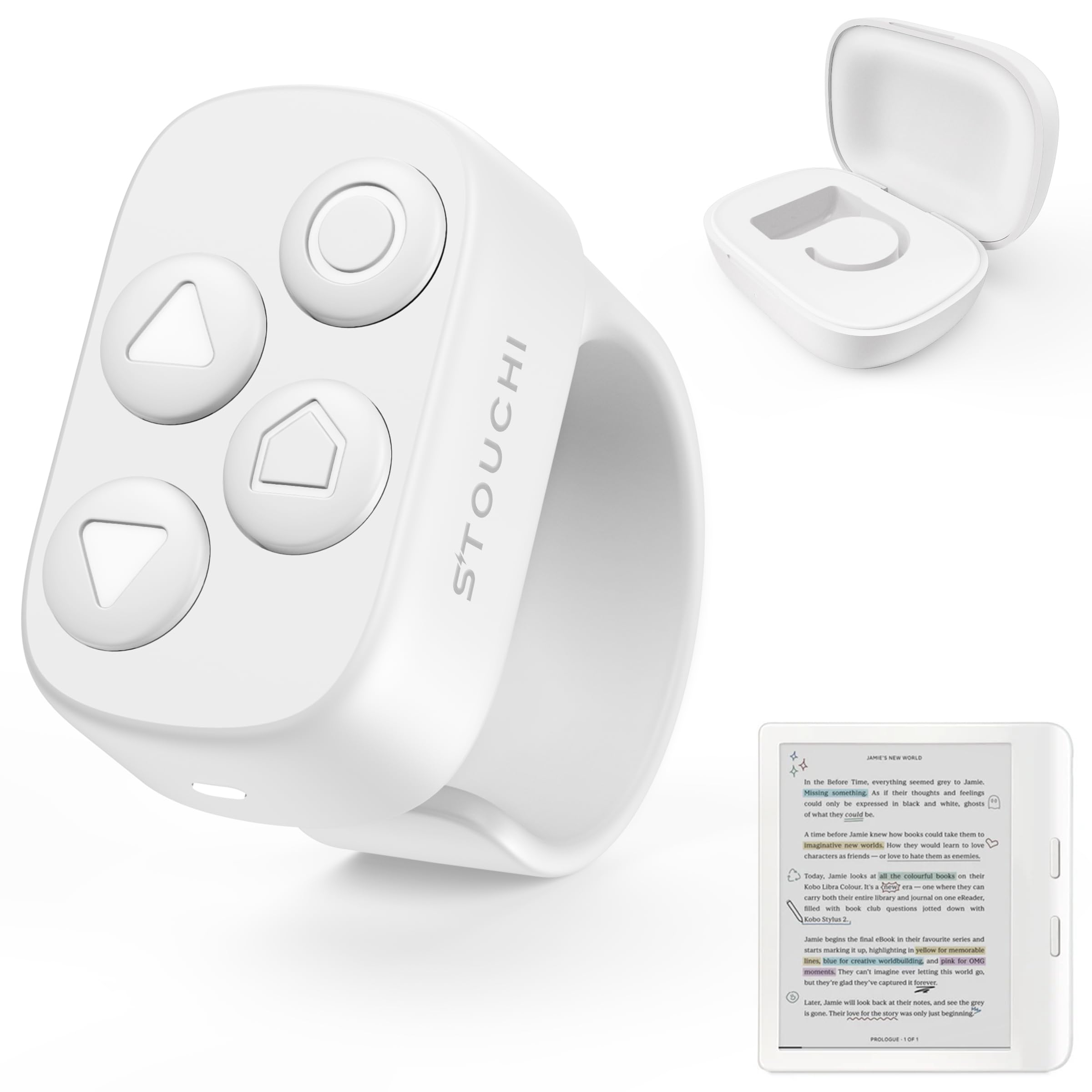 Photo 1 of [Designed for Kobo] Remote, Stouchi #1 No-Clip Multi-Function Page Turner Ring with USB C Charging Case Hands-Free Reading for Clara BW/Libra Colour/Clara Colour/Elipsa/Clara 2E/Libra 2/Sage- White