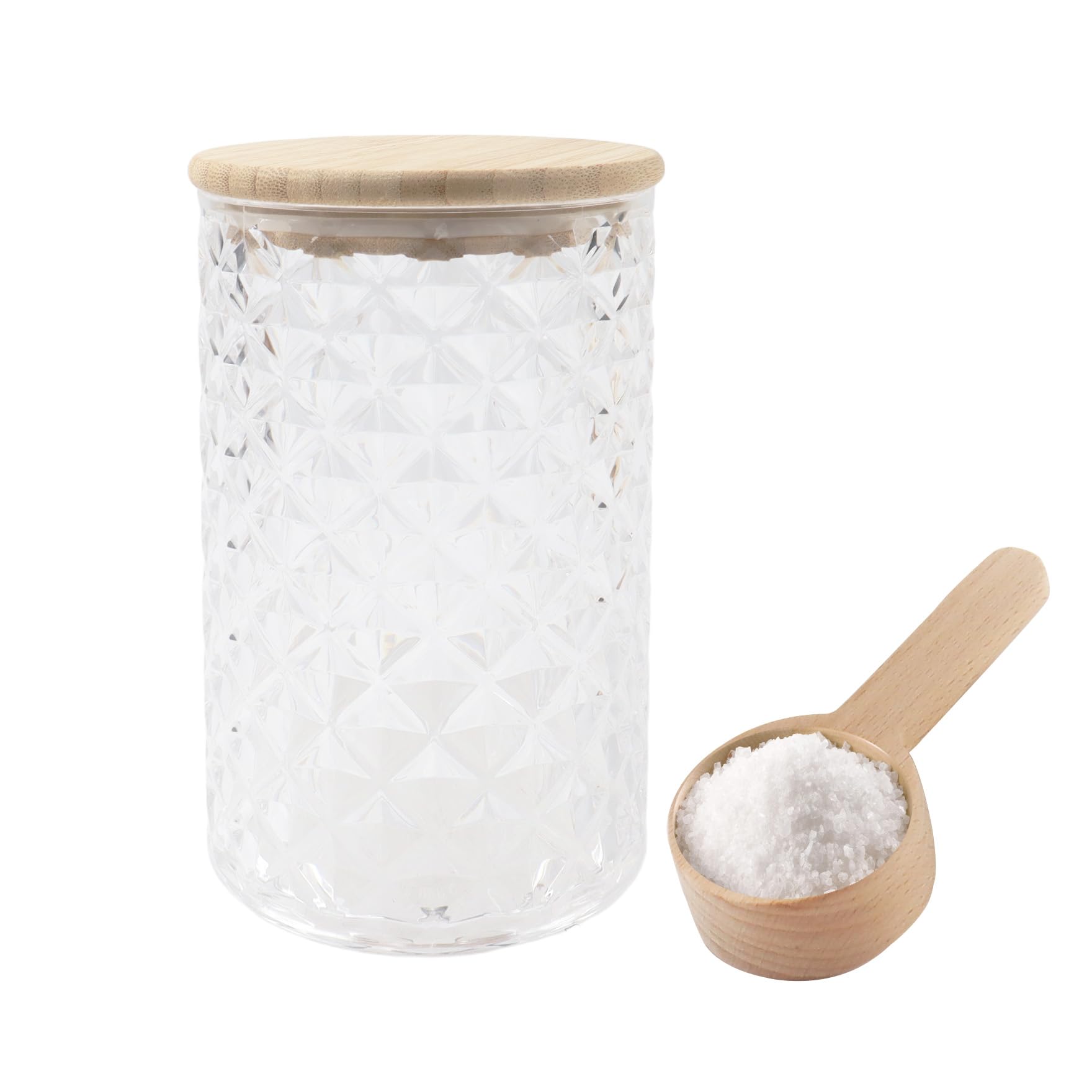 Klmnop Badesalzglas aus Acryl mit Holzschaufel, Badesalzbehälter mit Verschlussdeckel für Badezimmer, Küche, Aufbewahrung, Salz, Süßigkeiten, Tee, 1200 ml, transparent