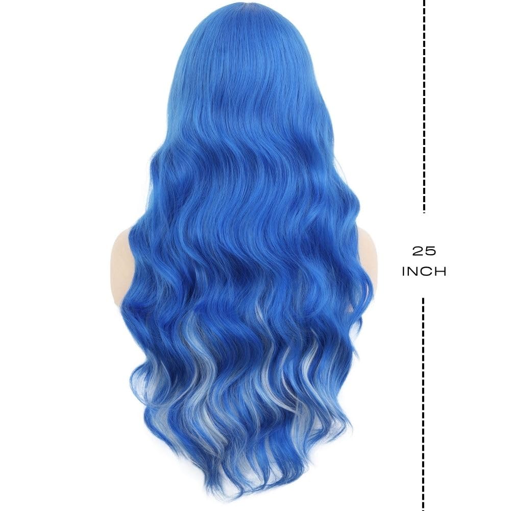 Blue Curly Long Wigs for Women with White Wavy Middle Part Cosplay Hair Wig Synthetic Fibre Halloween Costume Wig (Blue White) - Image 4