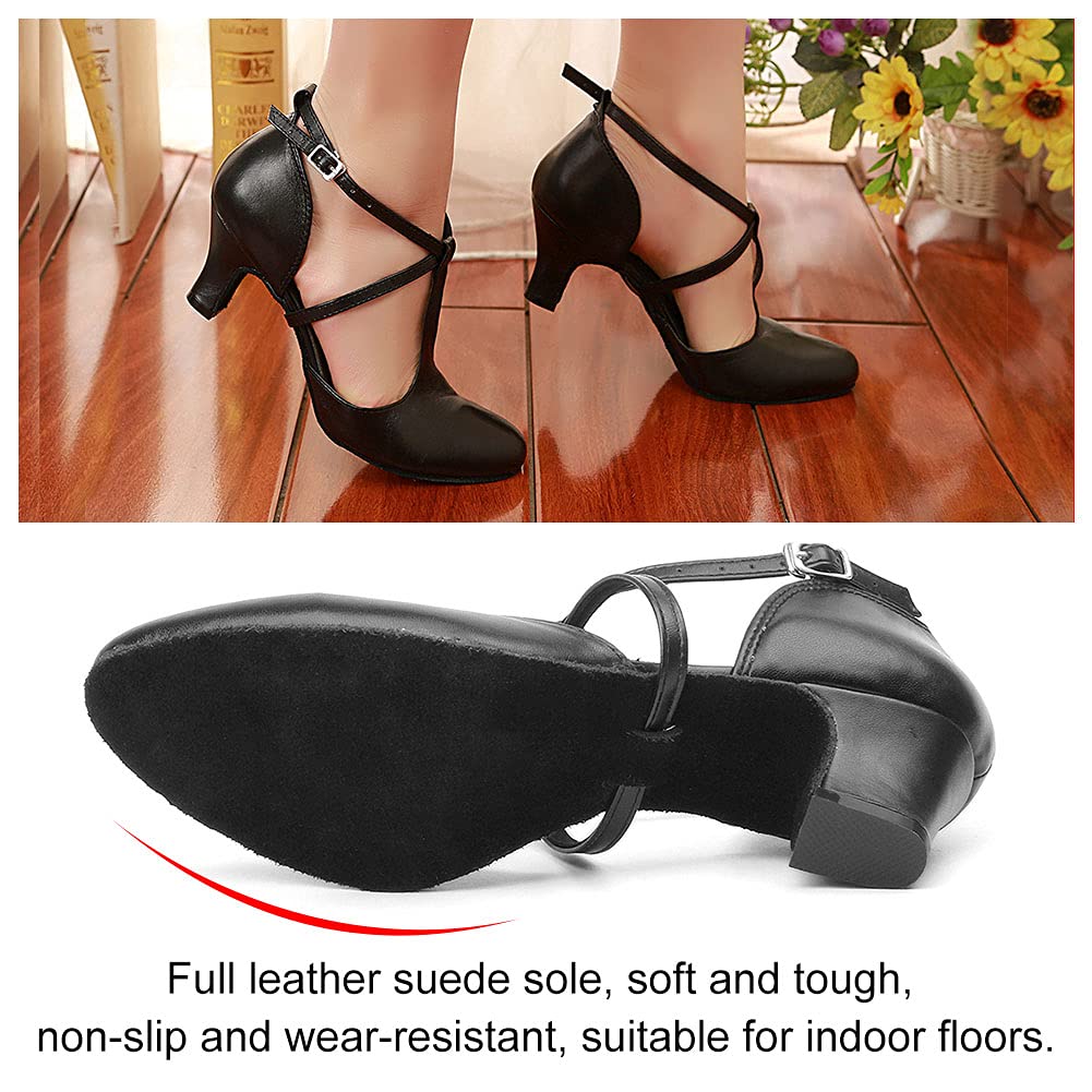 Zapatos de Baile Latino Mujer Puntera Cerrada T-Starp Tango Moderno cha-cha Samba de Hebilla de Salón,Modelo-L272-4.5