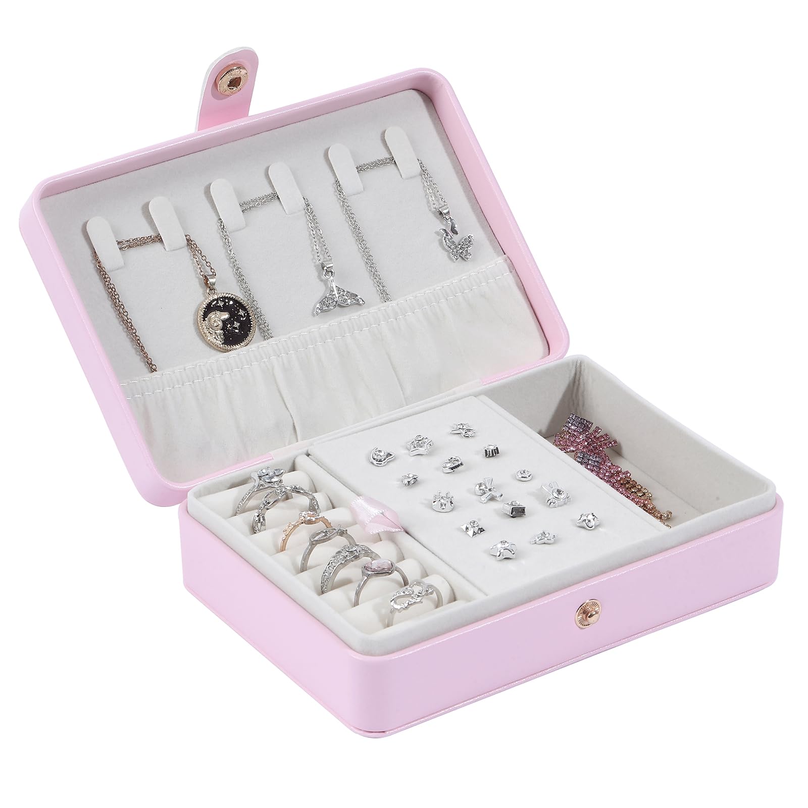Tian Ye Zhou Tian Ye Zhou Portable Jewelry Box, 2 Layer Small Travel Jewelry Box for Women and Girls, Mini Leather Jewelry Organizer for Necklaces, Bracelet, Earrings and Rings Gift for Her (pink)