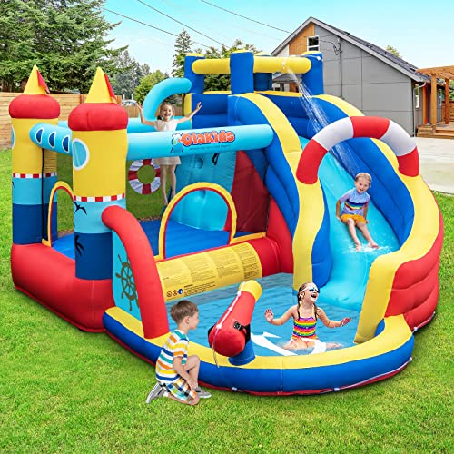 GOPLUS Inflatable Pirate Castle, with Slide, Water Gun and Trampoline, Pool and Climbing Wall, for 3-4 Children 3-12 Years Up to 120 kg, 360 x 290 x 200 cm (Pirate+450 W Inflator)