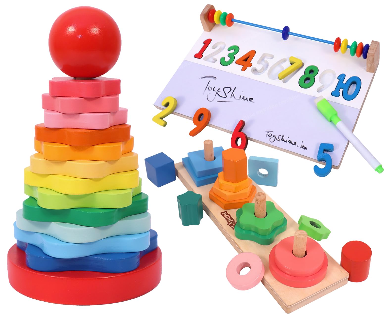 Toyshine Pack of 3 Wooden Monstessori Box | Rainbow Ring Stacker, Column Geometric Building Blocks Stacker, Numbers Learning and Writing Board | Gift Present for 2-5 Years Boy Girl Toddler Toy (B0CBPZWXVK) Amazon Price History, Amazon Price Tracker