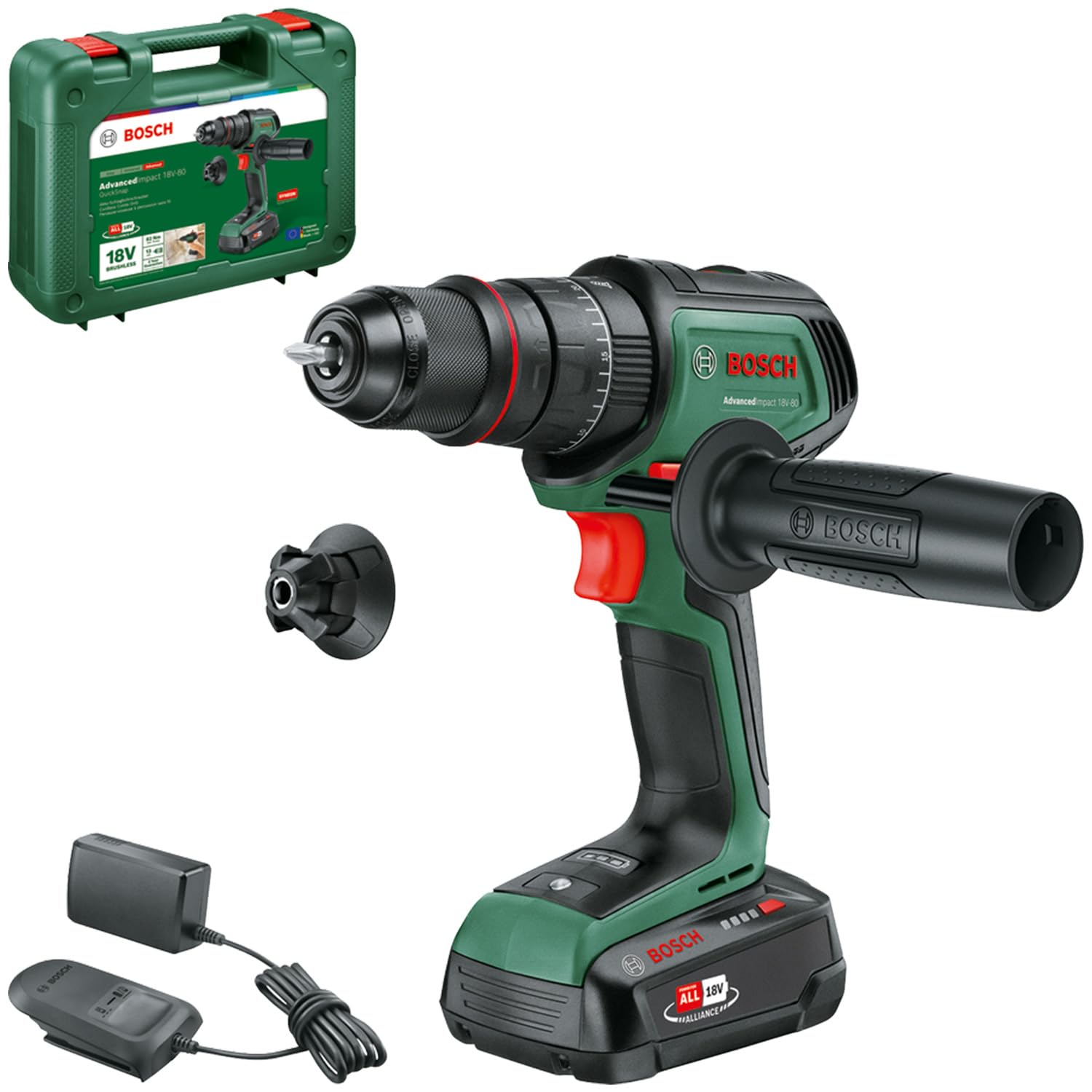Bosch Taladro de percusión con batería AdvancedImpact 18V-80 QuickSnap (taladrar con percusión/atornillar; sist. 18V; Brushless; 82 Nm; portabrocas met. 13 mm; batería y cargador)