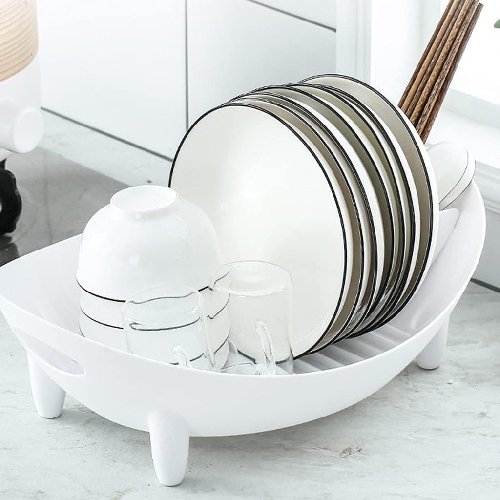 Dish Drying Rack Oval Shaped Drainer with Utensil Holder Plate Bowl Cutlery Storage Container Vegetable Basket Kitchen Counter Cabinet Organizer Utensil Holder Plate Bowl Basket, White