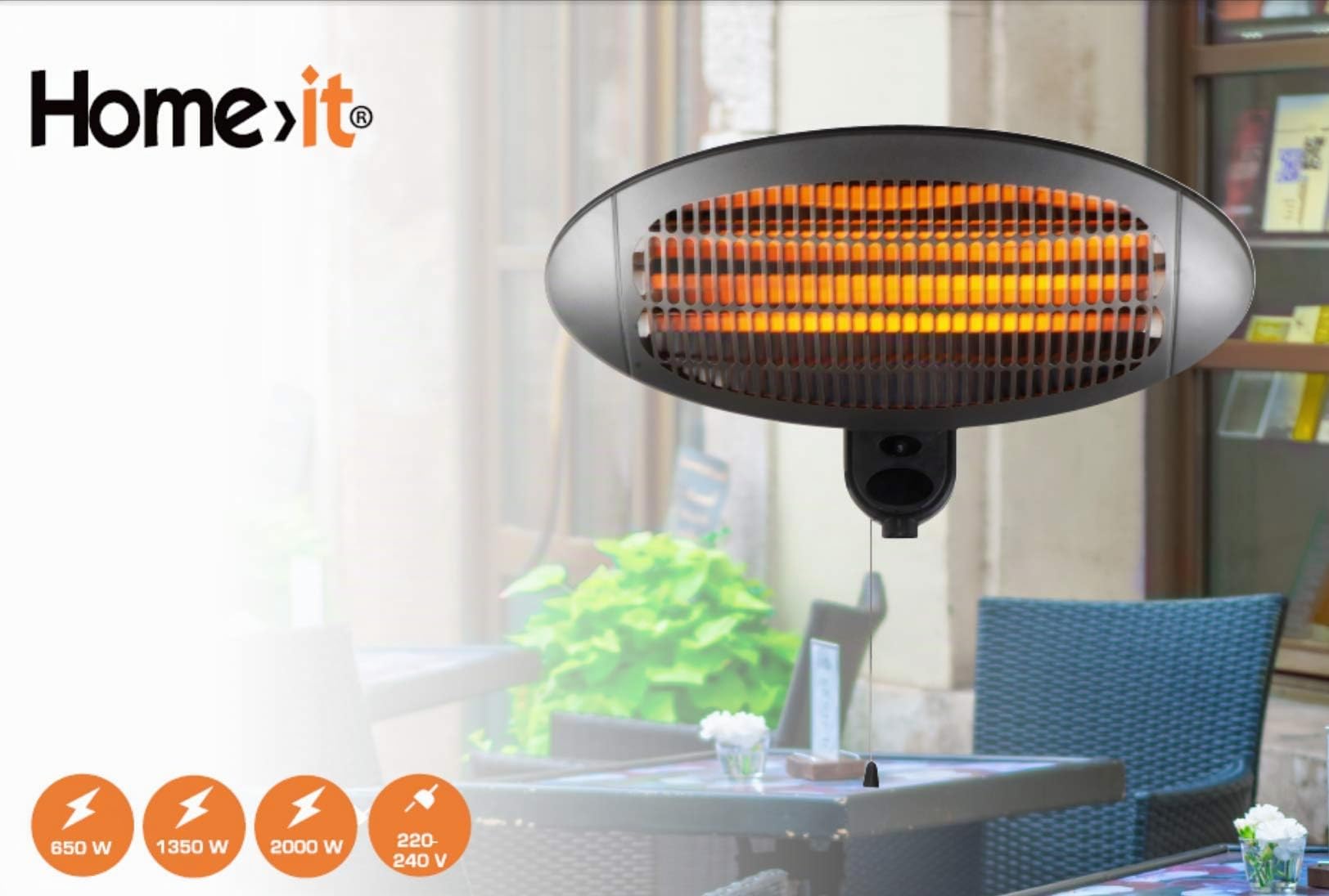 HOME It Stufa da Esterno a Infrarossi da Parete 2000W IP34 Riscaldatore al Quarzo