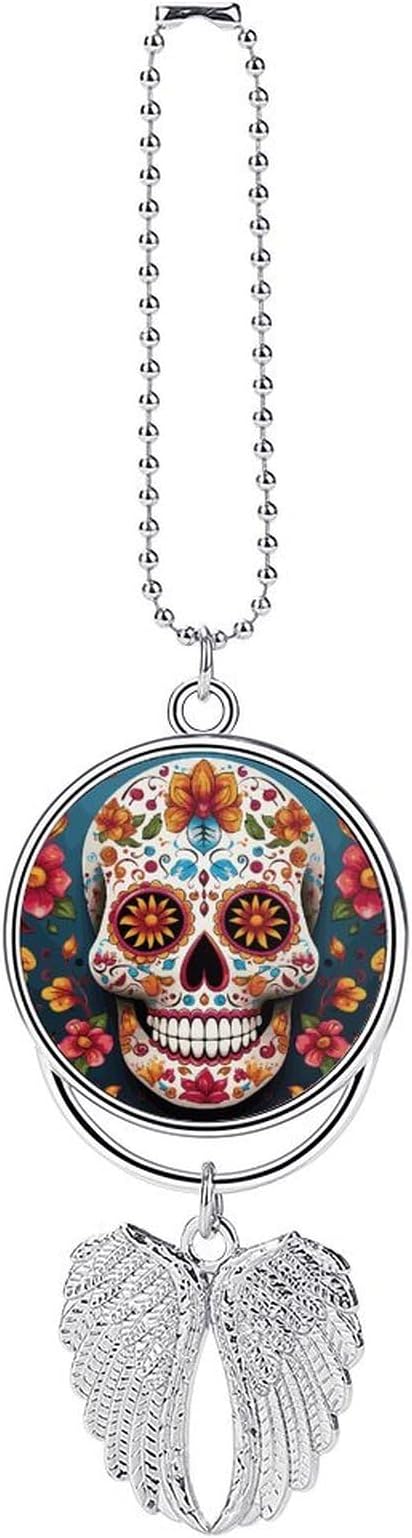 Colorful Sugar Skull Angel Wings Rearview Mirror Hanging Accessories, Metal Car Charm Pendant, Car Hanging Ornament Decoration, Guardian Angel Wings Ornaments for Christmas Tree, Bag Purse Charms-silv
