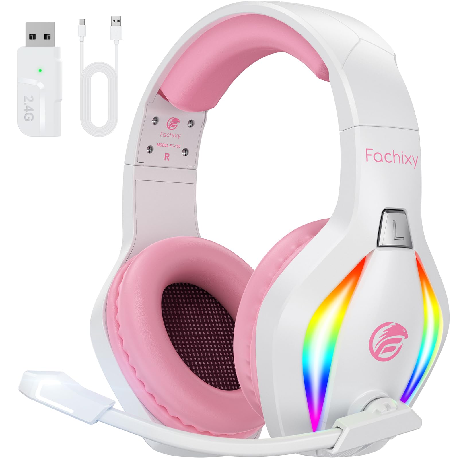 Fachixy FC-100 Bluetooth Headset, 2,4G Gaming Headset Wireless mit Mikrofon für PS5, PS4, PC, Switch, Mac, Surround Sound Noise Cancelling Kopfhörer mit LED Licht, Über 50 Stunden Akkulaufzeit