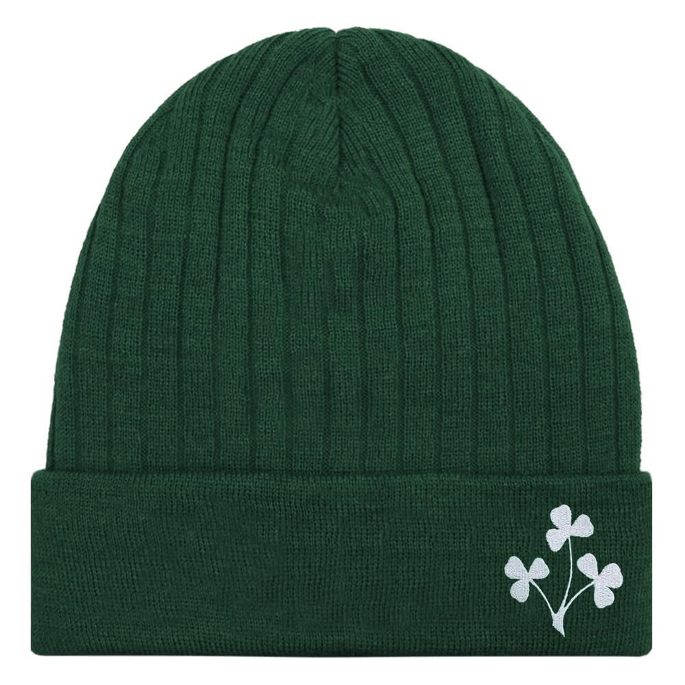 TeddyT's Ireland Lucky Irish 3 Shamrock Design Rib Beanie Hat (Forest Green)