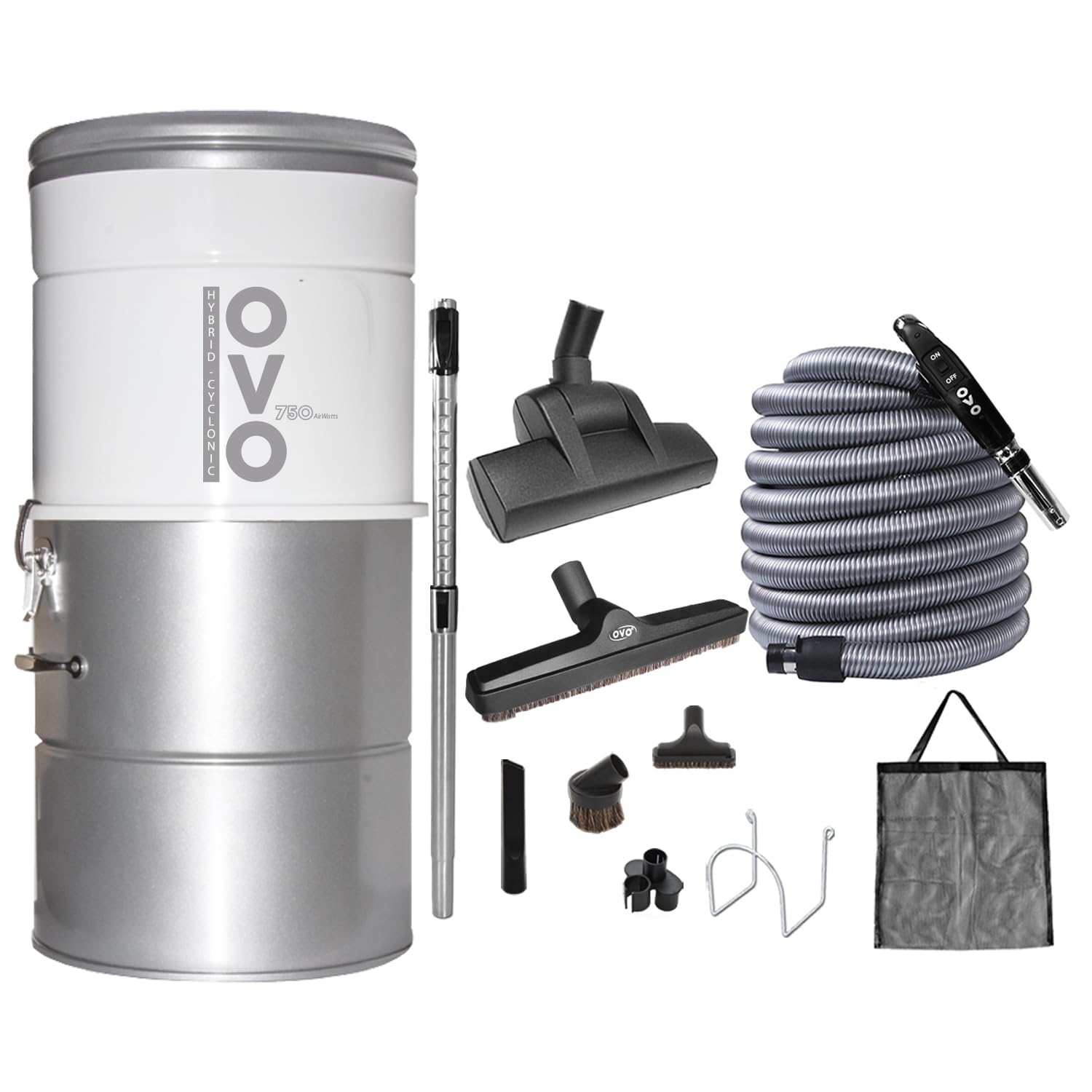 OVO 750 Airwatts Heavy Duty Powerful Central Vacuum System, Hybrid Filtration (with or Without Disposable Bags) 25L or 6.6Gal, 30ft Deluxe Plus Accessory kit Included