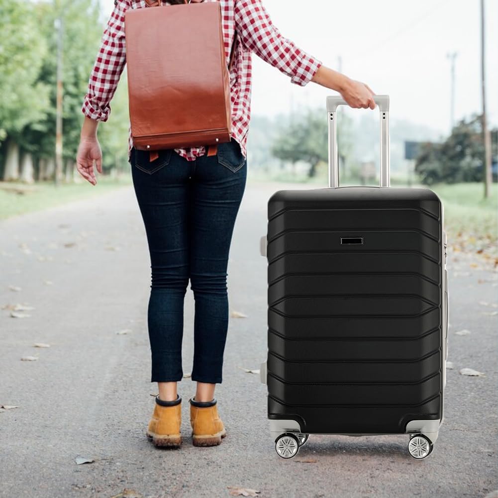 Set 4 Valigie Rigide in ABS con Beauty Case, Valigia con Manico Telescopico e Ruote Easy Roll, Trolley con Lucchetto e Serratura a Codice, Bagaglio a Mano Design Moderno (Nero)