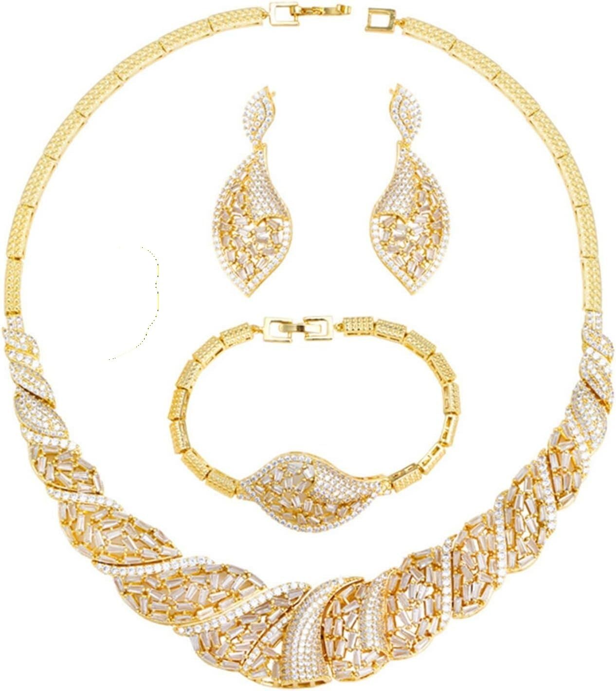 YNIYUJKL 3Pcs African Dubai Gold Jewelry Set Gold Plated Shinning Wide Necklace+Earrings+Bracelet