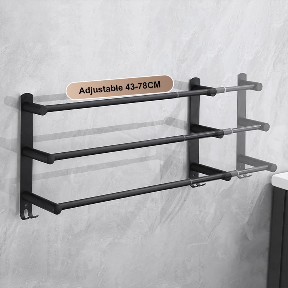 HONPHIER Verstelbaar handdoekenrek 43-72 cm wandgemonteerde handdoekhouder SUS304 roestvrijstalen handdoekhouder handdoekstangen voor keuken badkamer toilet hotel kantoor, zwart (dubbele staaf