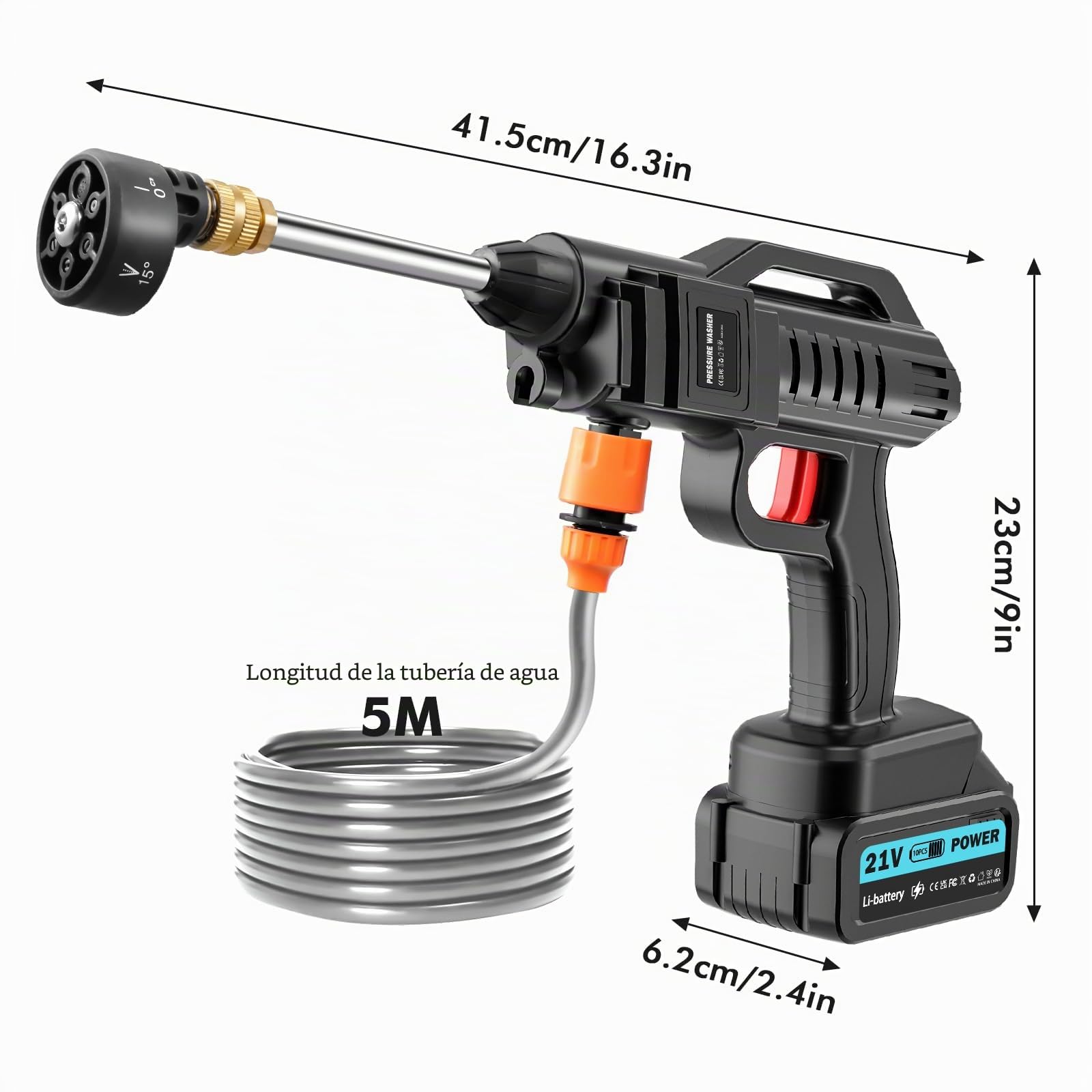Hidrolimpiadora inalámbrica, hidrolimpiadora portátil inalámbrica de 21V 62Bar, hidrolimpiadora con 2 baterías, Boquilla multifunción 6 en 1, Manguera de 5 m, depósito con Filtro, para Coche y Patio