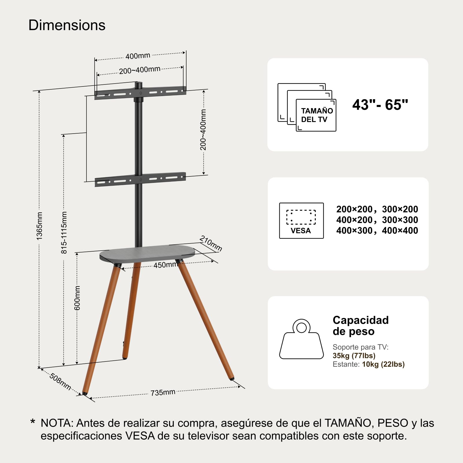 Caballete de TV para Pantalla LCD LED OLED de 43 a 65 Pulgadas | hasta 35 kg, altura regulable y orientable, soporte portátil de madera con bandeja, máx. VESA 400 x 400 mm, Madera Negra