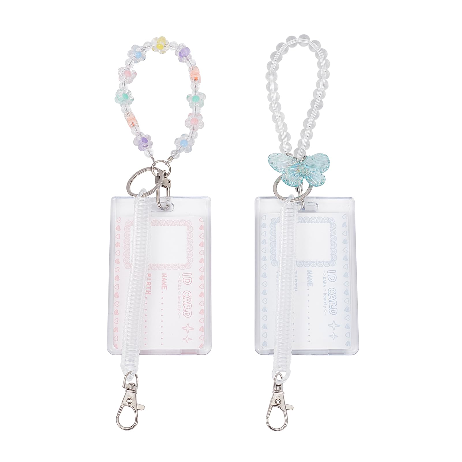 NICENEEDED 2 Pcs Acrylic Kpop Photocard Holder, Transparency Card Protector with Butterfly Flower Pendant Keychain, ID Badge Holder for Bank Card Bus