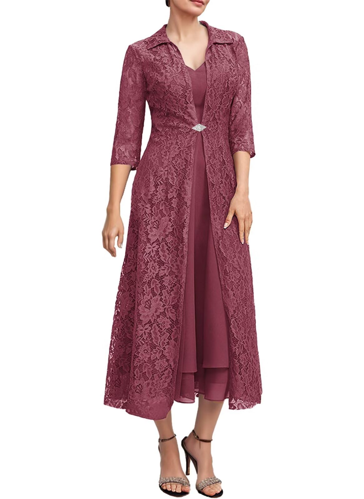 Geforsp Tea Length 2 Piece Mother of The Bride Dresses with Jacket Lace Chiffon Formal Evening Gown with Sleeves