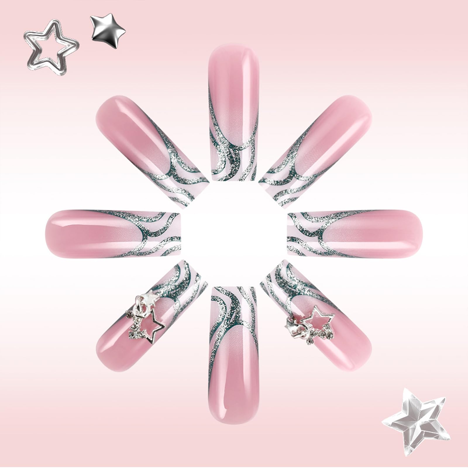 GlamRays 24 Pieces French Tip Press On Nails Ballerina Fake Nails Full Cover Sticker Nails with Rhinestones Star Acrylic Nails - Image 4