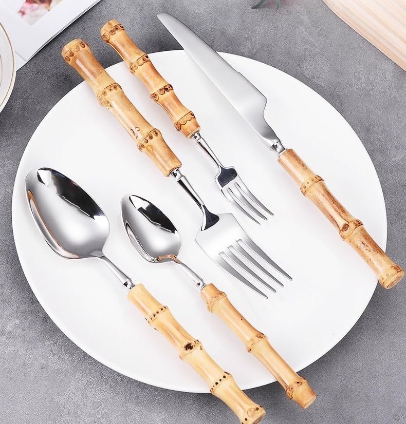Ce Set de Couverts Comprend 5/20/30/40 pièces en Acier Inoxydable 304 : Couteau à Steak, Fourchette et cuillère à Manche en Bambou. Ce Set créatif pour Desserts et gâteaux est Disponible en