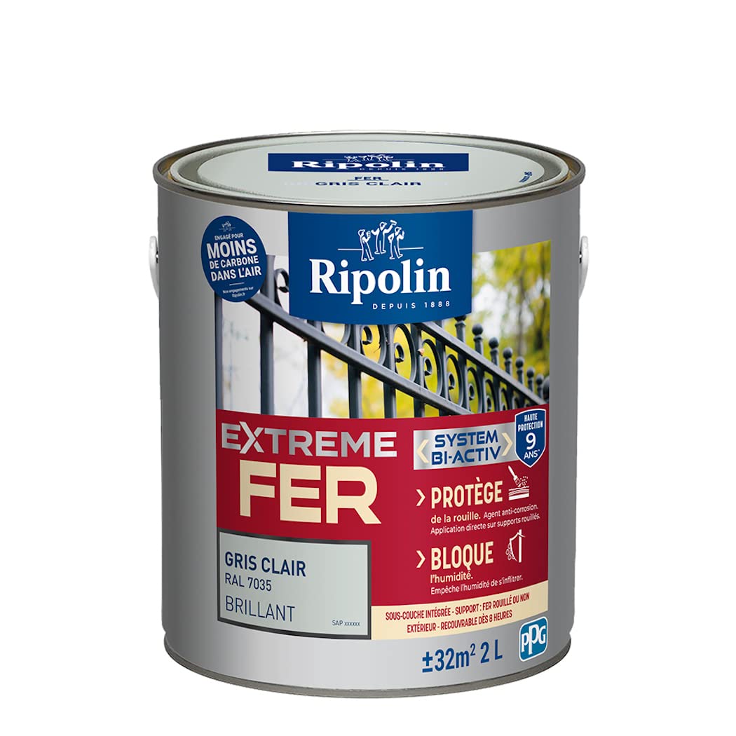 Ripolin – Vernice per ferro da esterno, glicero, antiruggine, senza sottostrato diretto sulla ruggine, resistente alle intemperie, ai raggi UV e agli urti, lucida, 2 l, grigio chiaro