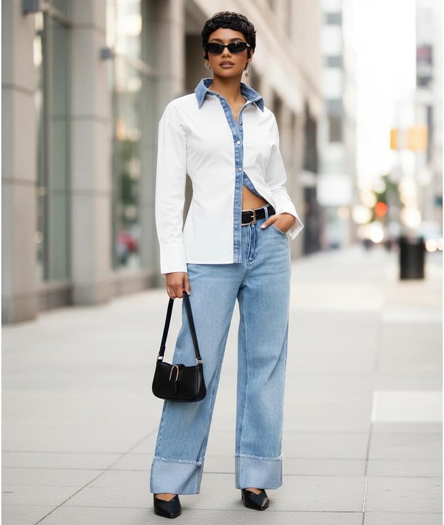 Women's Button-Down Denim Collar Placket Cotton Patchwork Shirt with Tie-Back Long Sleeve Business Casual Top