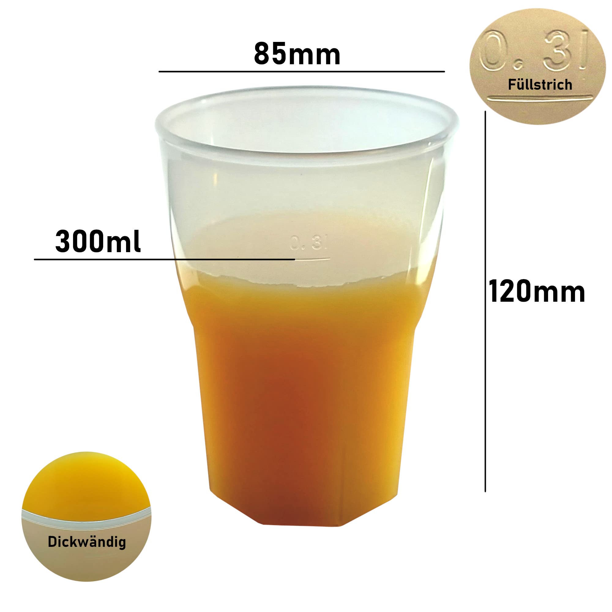Gastro-Bedarf-Gutheil 50 Extra Starke Cocktail Mehrwegbecher 300ml 0,3l 12oz mit Eichstrich Hartplastikbecher Formstabile Trinkbecher, Bierbecher, Eventbecher mit extra dicker Wand