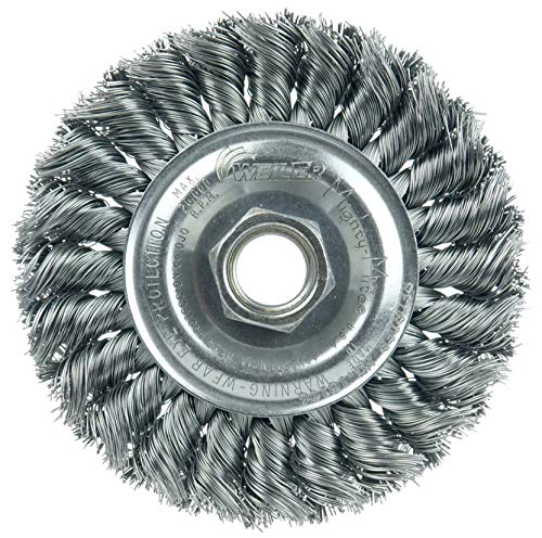 Image of Weiler 13106V 4 inch Standard Twist Knot Wire Wheel, .014 inch Steel Fill, 5 /8 inch-11 UNC Nut, Vending Ready, Made in the USA, (Pack of 5)