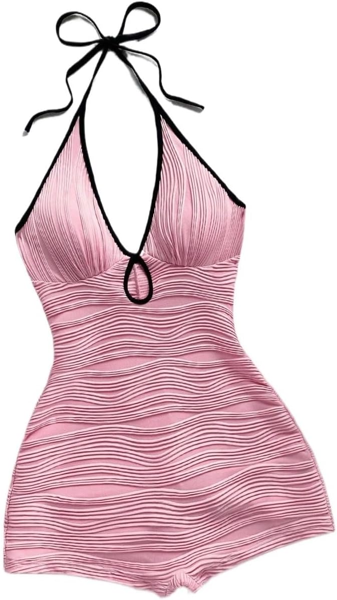 Rompers for Women Summer 2026 V-Neck Tie Front Hollow Out & Trim Ribbed Jumpsuit