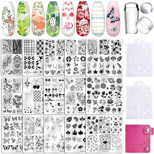 Biutee Nail Stamping Plates Set 15PCS Nail Stamper Kit with Nail Stamper 2pcs Scraper & Storage Bag Nail Art Stamping Plates Butterfly Star Flower Leaf Bowknot Design Nail Stamping Kit
