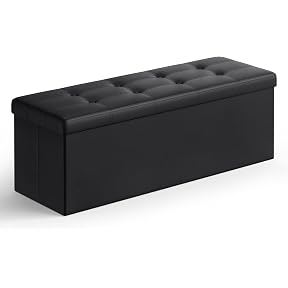 SONGMICS MAZIE Collection - 43 Inches Folding Storage Ottoman Bench, Ottoman Foot Rest, End of Bed Bench, Storage Chest, Load 660 lb, for Living Room, Bedroom, Entryway, Ink Black ULSF077B01