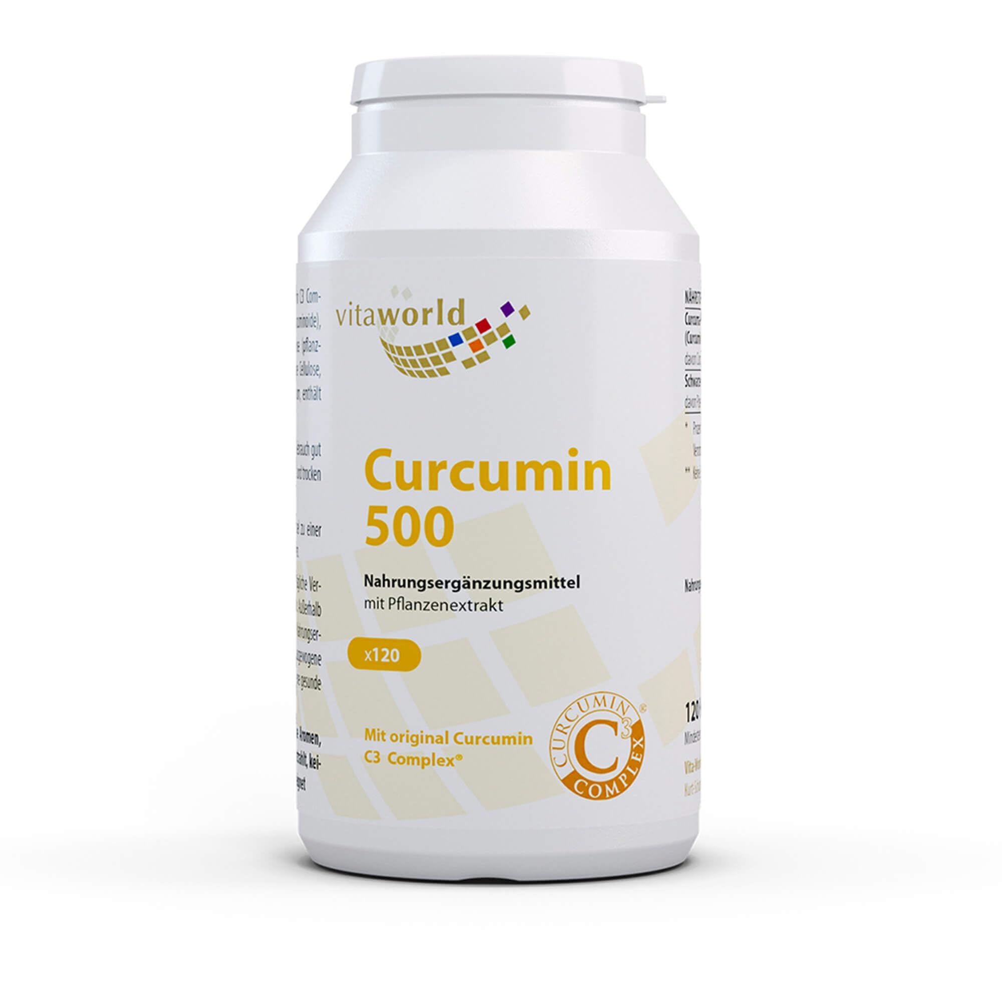 vitaworld Curcumin 500 – Curcumin C3 Complex® mit Piperin – 500 mg Curcuminoide pro Kapsel – Hochdosiertes Kurkuma‑Extrakt (95% Curcuminoide) – 120 vegane Kapseln
