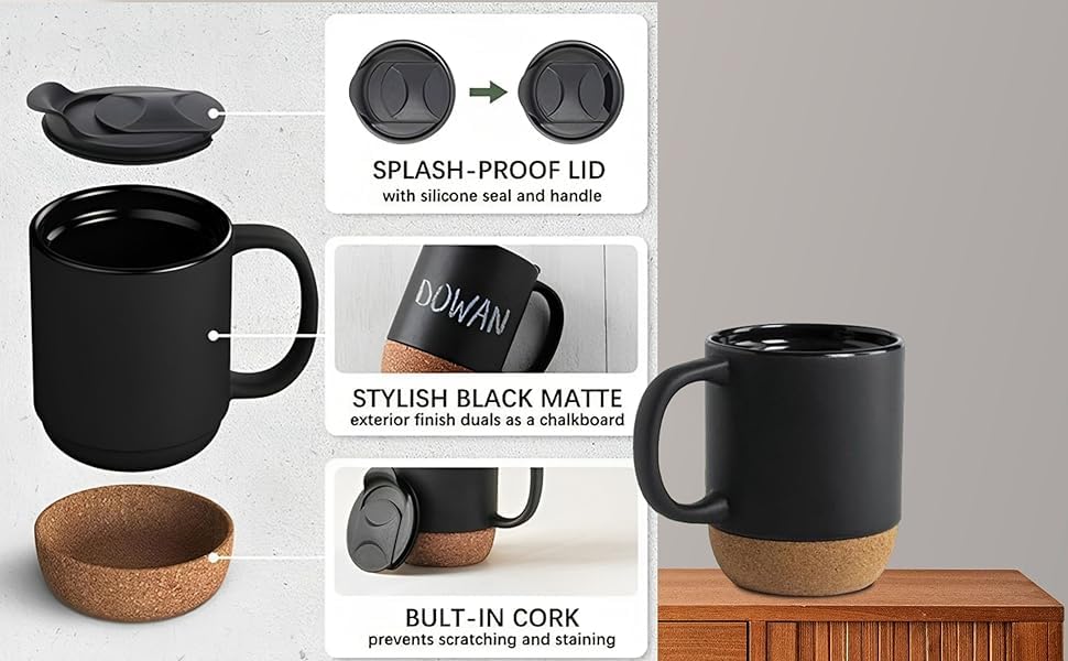 Image of Matte Black Ceramic Coffee Mug with Cork Base & Spill-Proof Lid | 350 ml Office & Home Coffee Cup | Mug for Hot & Cold | Anti-Slip Wood Bottom Tea for Desk, Travel & Gifting