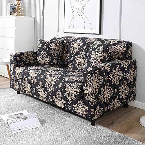 Image of HOKIPO Elastic Stretchable Universal Sofa Cover 2 Seater, Black Damask (AR-4094-D8)